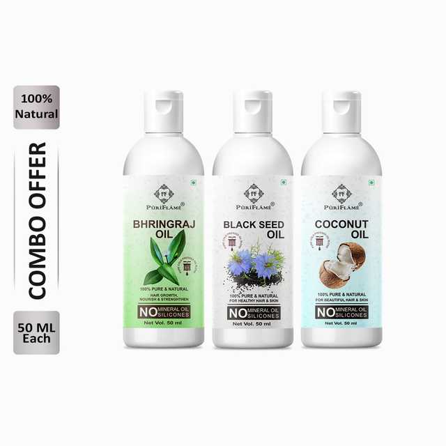 Puriflame Pure Bhringraj Oil (50 ml), Black Seed Oil (50 ml) & Coconut Oil (50 ml) Combo for Rapid Hair Growth (Pack Of 3) (B-9261)