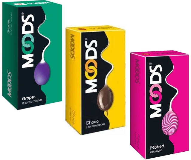 Moods Grapes with Ribbed & Choco 12 Pcs Dotted Condoms for Men (Set of 3)