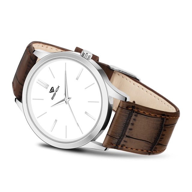 RX-1001 Leather Strap Slim Series Classy Look Analog Watch for Men (Brown & White)