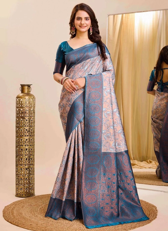 Lichi Silk Woven Design Saree for Women (Blue & Beige, 6.3 m)