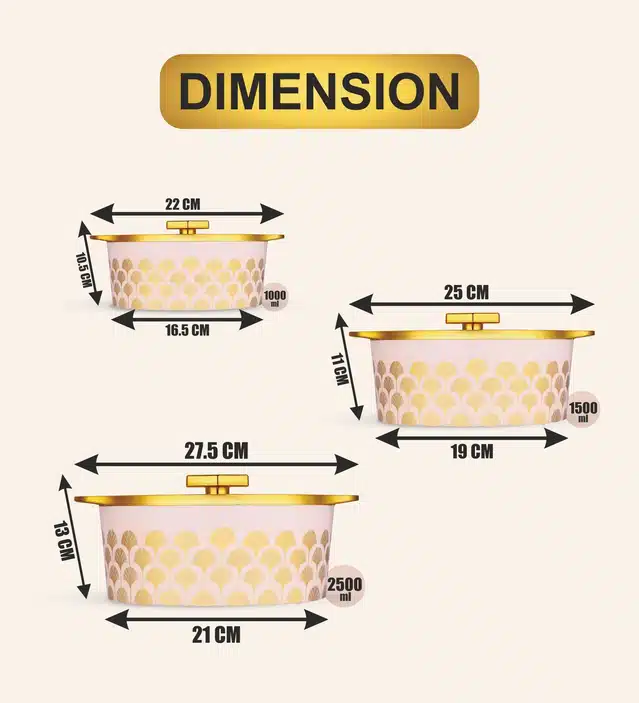 Combo of 1000 ml, 1500 ml & 2500 ml Casserole with Lid (Gold & Light Pink, Pack of 3)