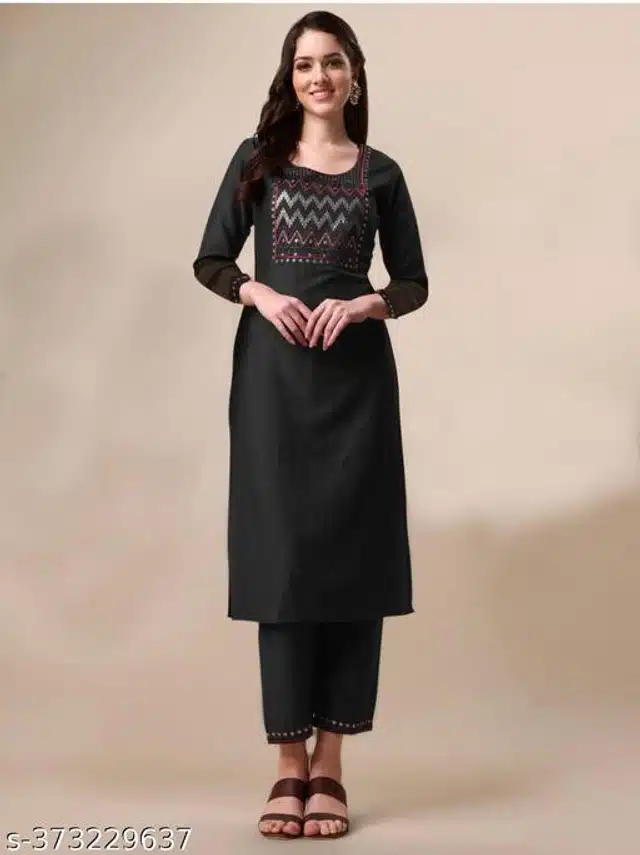 Rayon Embroidered Kurta with Pant for Women (Black, M)