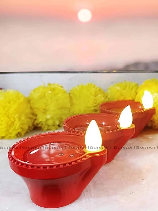 Plastic Traditional Water Sensor LED Diya for Diwali (Brown, Pack of 6)