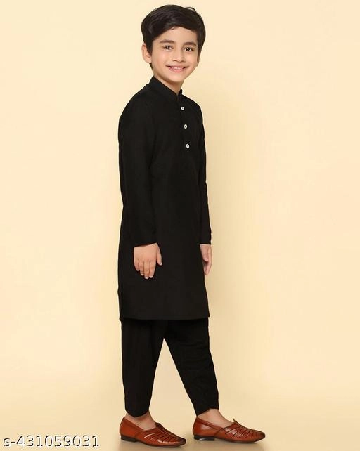 Cotton Solid Kurta with Pyjama for Boys (2-3 Years, Black)