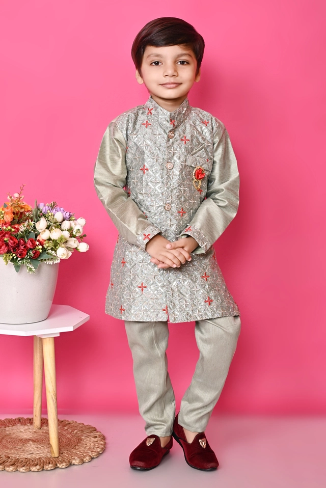 Cotton Blend Embroidered 3 Pcs Sherwani Set for Kids (Grey, 1-2 Years)