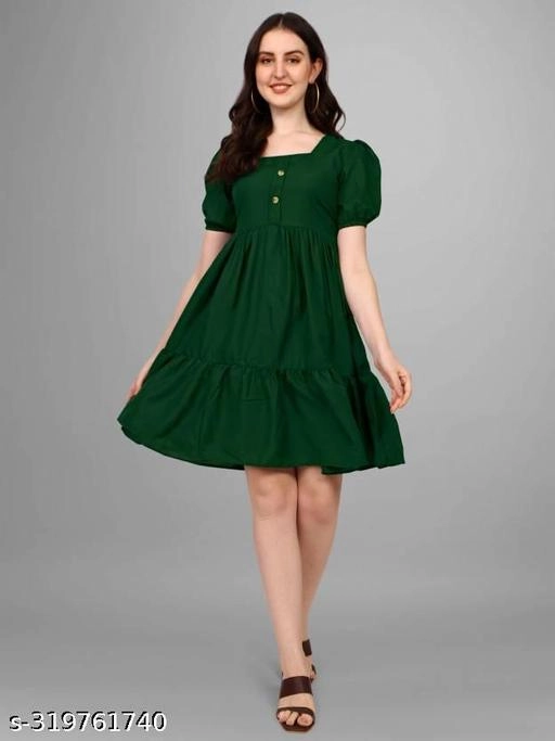 Crepe Solid Dress for Women (Green, S)