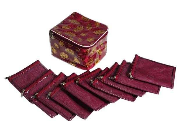 Canvas Printed Jewellery Organizer Bag with 10 Pcs Separate Pouches (Maroon, Set of 1)