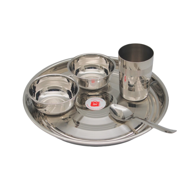 Stainless Steel Thali, 2 Pcs Bowls, Glass & Spoon Dinner Set (Silver, Set of 5)