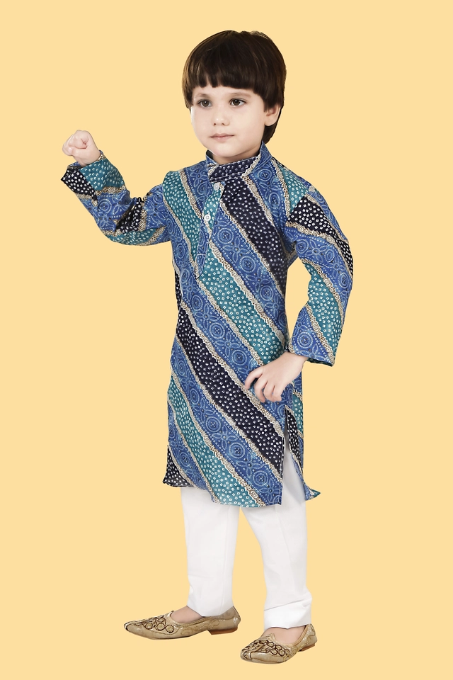 Cotton Blend Printed Kurta with Pyjama for Boys (Blue & White, 3-4 Years)