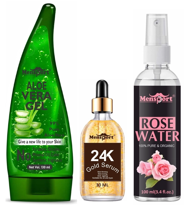 Mensport Aloevera Face Gel (130 ml), 24K Gold Face Serum (30 ml) & Natural Rose Water (100 ml) (Set of 3)