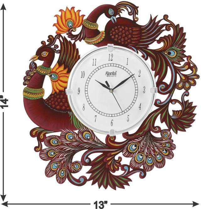 AJANTA Analog Red Peacock With Glass Wall Clock (35x35 cm) (Pack Of 1)