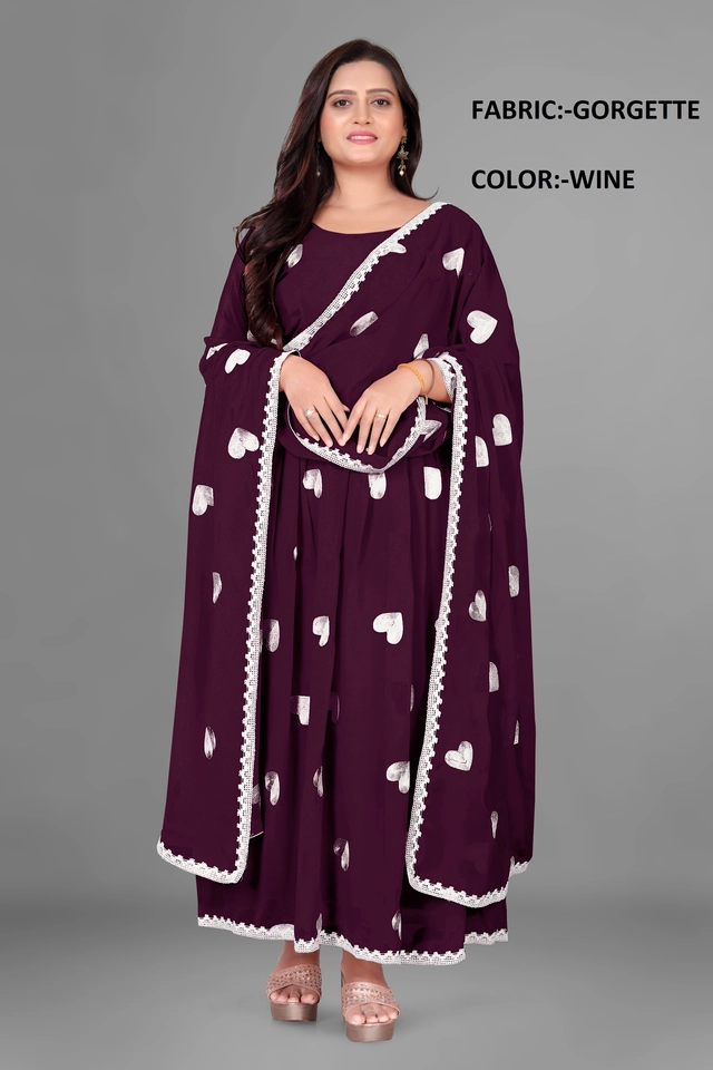 Georgette Ethnic Motif Gown with Dupatta for Women (Purple & White, S)