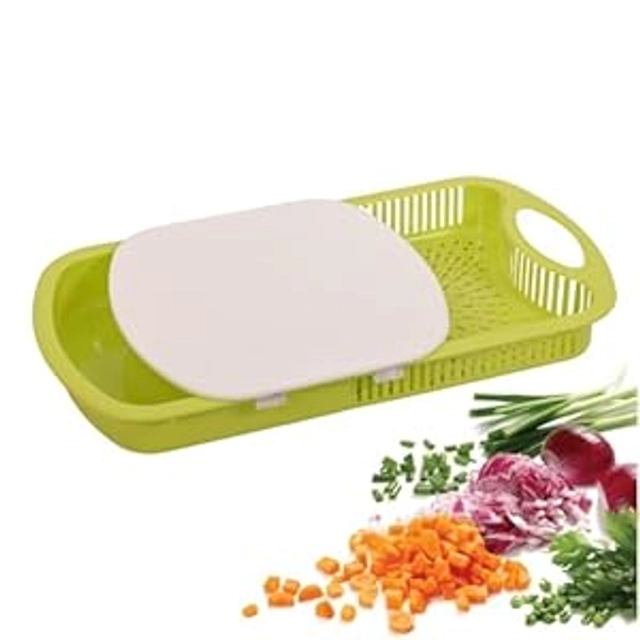 Plastic Chopping Board with Strainer for Kitchen (Green)