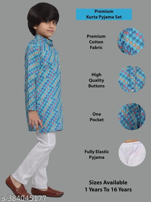 Cotton Blend Kurta with Pyjama for Boys (Blue & White, 1-2 Years)