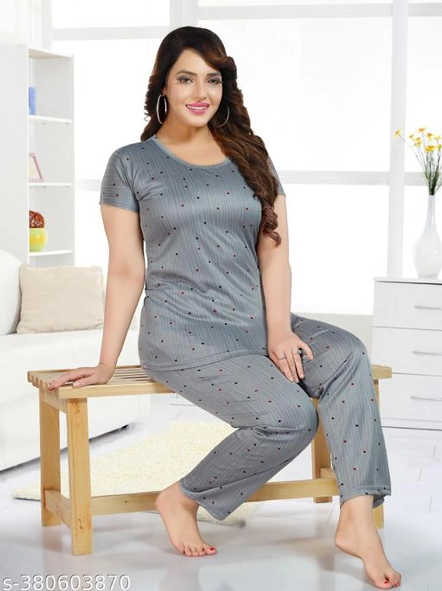 Polyester Nightsuit for Women (Dark Grey, M)