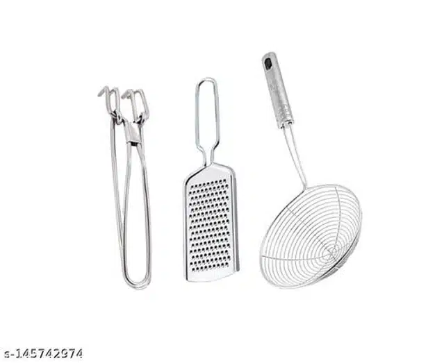 Stainless Steel Cheese Grater with Cooking Tong & Deep Frying Strainer (Silver, Set of 3)