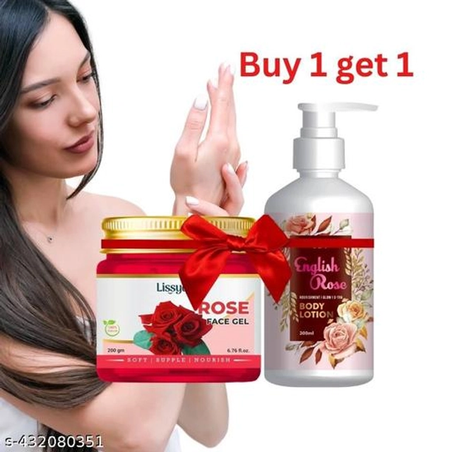  Lissyque Natural Rose Body Lotion(300ml) & Rose Face and Body Gel (200ml) For Face and Body Long-Lasting Moisturization, Body Lotion for Dry, Rough Skin, Sun Protection, Skin Whitening Combo Pack