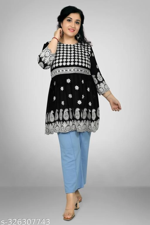 Georgette Chikankari Top for Women (Black, XL)