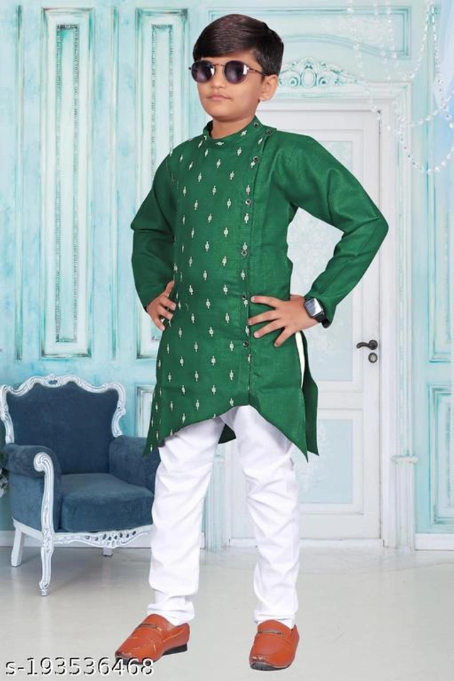 Cotton Blend Kurta Sets for Boys (2-3 Years, Green & White)