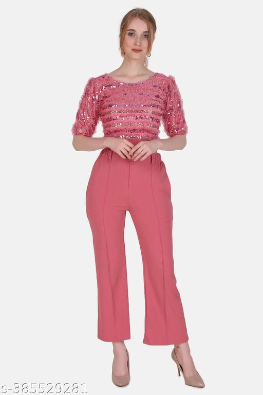 Polyester Embellished Top & Bottom Set for Women (Pink, XS)