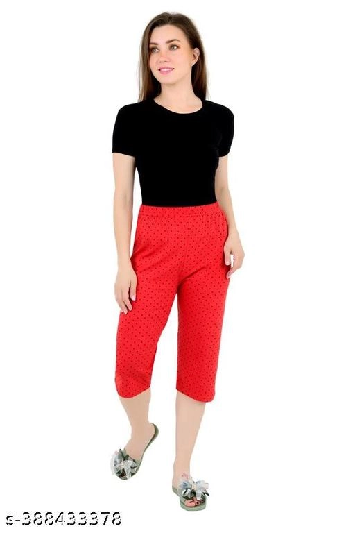 Cotton Solid Capri for Women (Red, S)