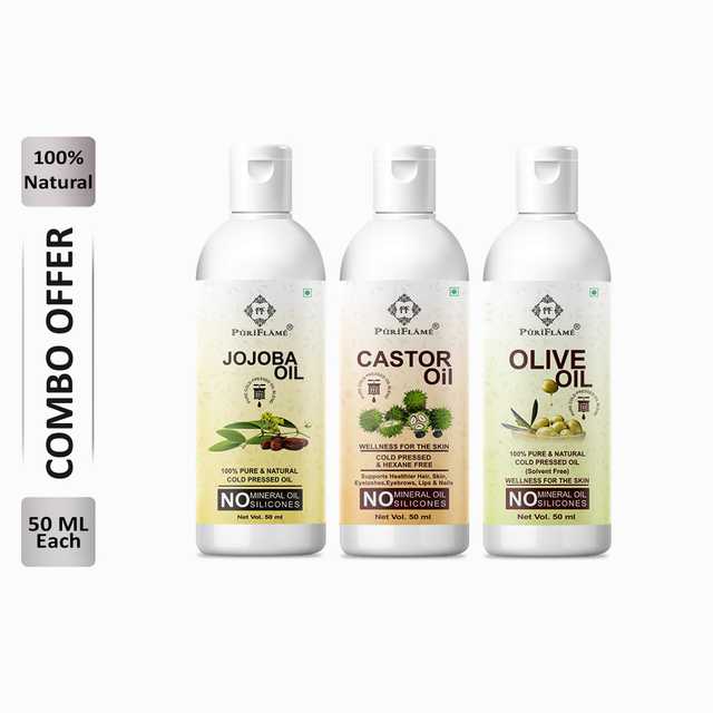 Puriflame Pure Jojoba Oil (50 ml), Castor Oil (50 ml) & Olive Oil (50 ml) Combo for Rapid Hair Growth (Pack Of 3) (B-11444)