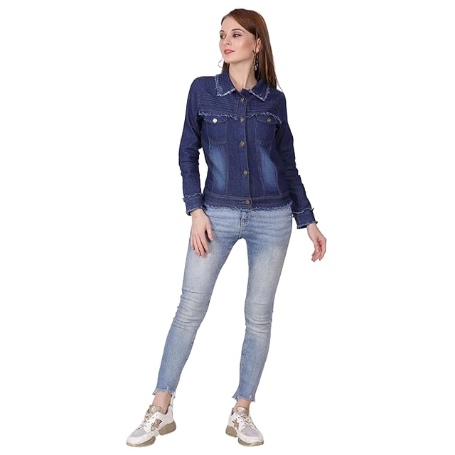 Denim Solid Jacket for Women (Blue, S)