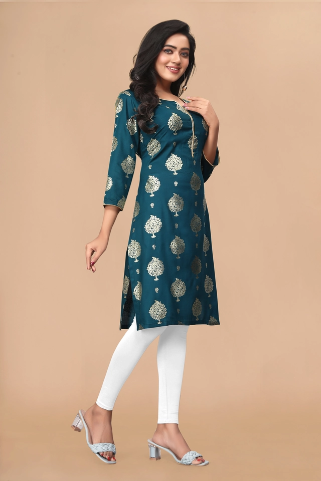 Cotton Silk Embellished Kurti for Women (Teal, M)