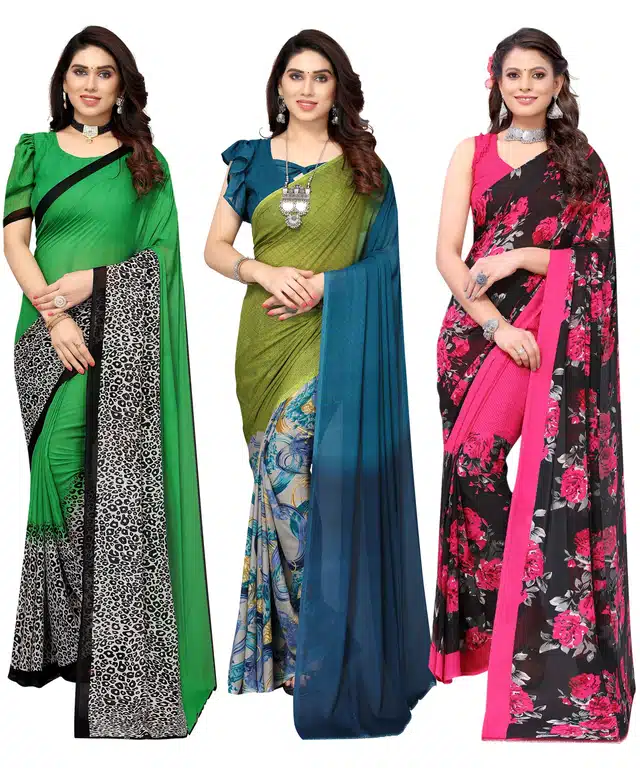 Women's Designer Floral Printed Saree with Blouse Piece (Pack of 3) (Multicolor) (SD-115)