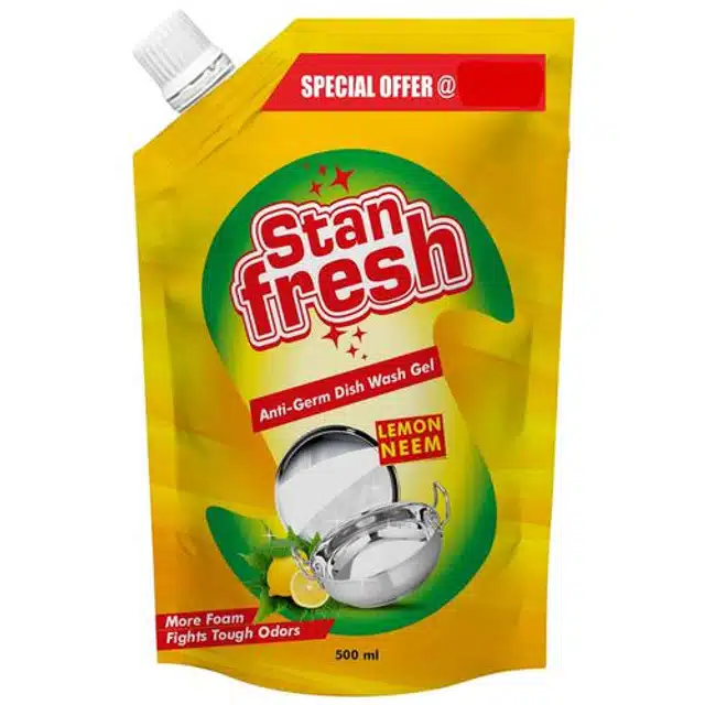 Stanfresh Dish Wash Gel 500 ml Super Saver Pouch (Lemon & Neem)