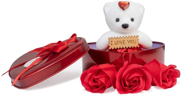 Artificial Roses with Teddy Bear Valentine's Day Gift Box (Multicolor)