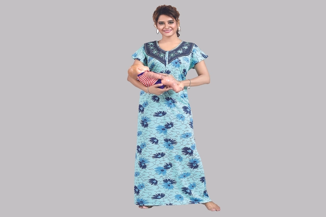 Hosiery Printed Nightdress for Women (Blue, Free size)