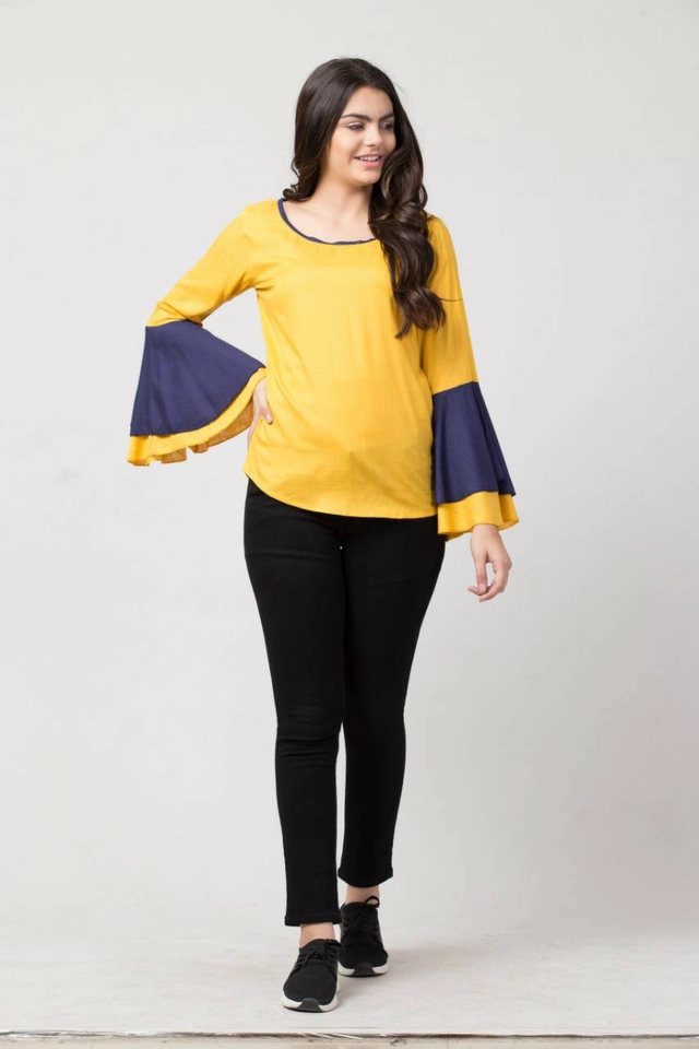 Cotton Colorblocked Top for Women (Yellow & Navy Blue, S)