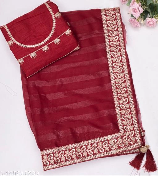 Georgette Embroidered Saree for Women (Red, 6.3 m)