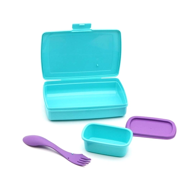 GLUMAN Frozen Series Flip Slim 3D Clip Lock Lid Lunch Box with Spork (600 ml + 200 ml,Set of 1)