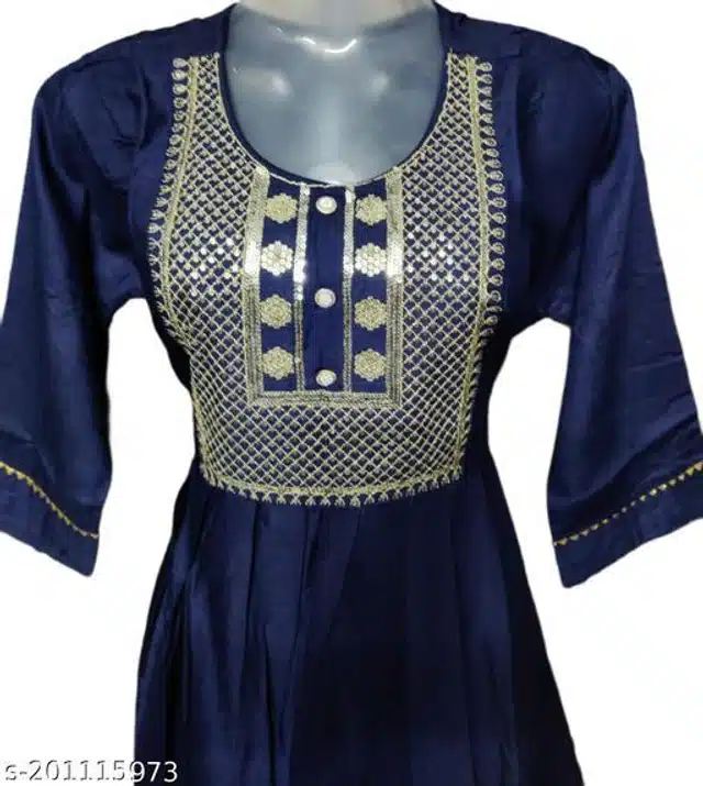 Cotton Embroidered Gown for Women (Navy Blue & Gold, XL)