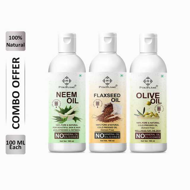 PuriFlame Pure Neem Oil (100 ml) & Flaxseed Oil (100 ml) & Olive Oil (100 ml) Combo For Rapid Hair Growth (Pack Of 3) (B-5825)