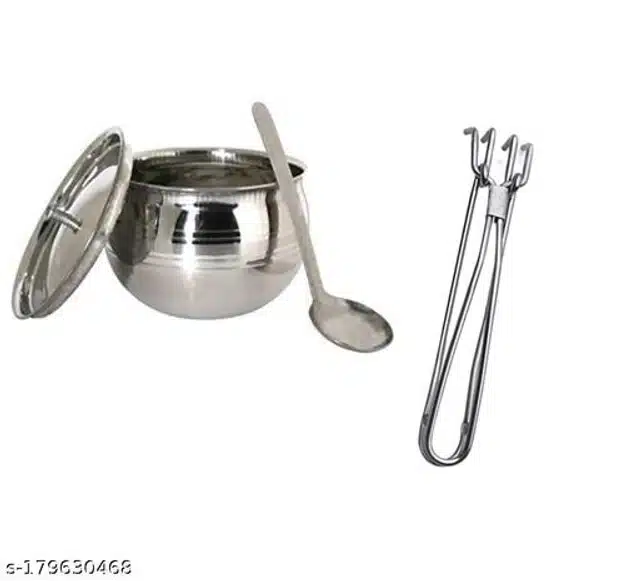 Stainless Steel Oil Container Pot Set with Cooking Tong (Silver, Set of 2)