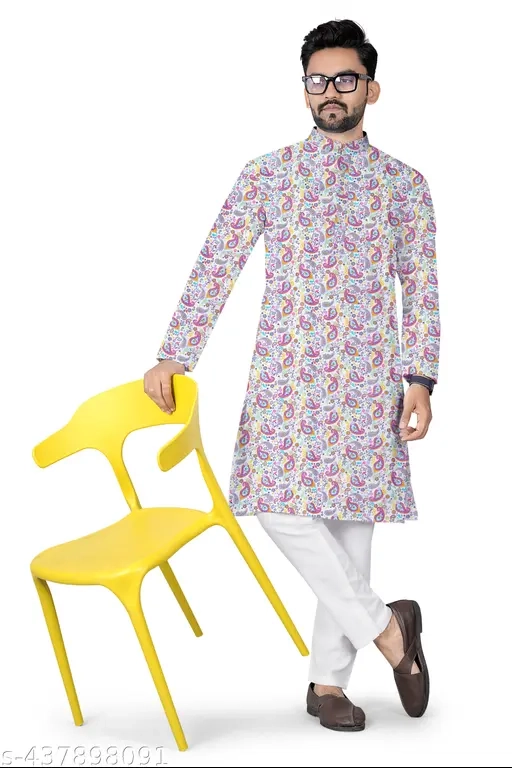 Cotton Ethnic Motif Kurta for Men (Multicolor, S)