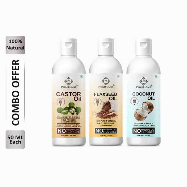 Puriflame Pure Castor Oil (50 ml), Flaxseed Oil (50 ml) & Coconut Oil (50 ml) Combo for Rapid Hair Growth (Pack Of 3) (B-9925)