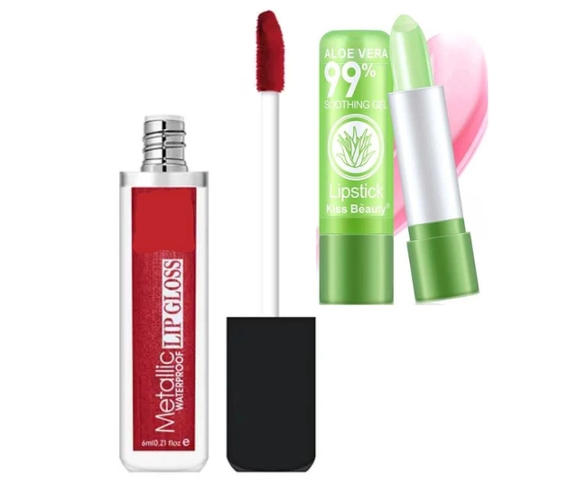 Combo of Metallic Waterproof Lip Gloss (6 ml) with Aloevera Lip Balm (Red, Set of 2)