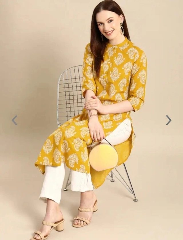 Viscose Rayon Printed Kurti for Women (Gold, S)