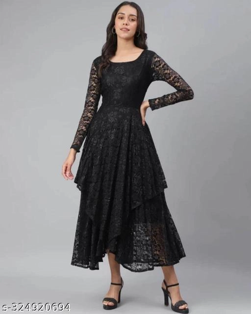 Net Self-Design Dress for Women (Black, S)