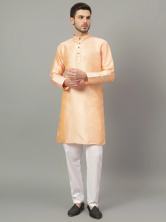 Jacquard Solid Kurta with Pant for Men (Cream, S)