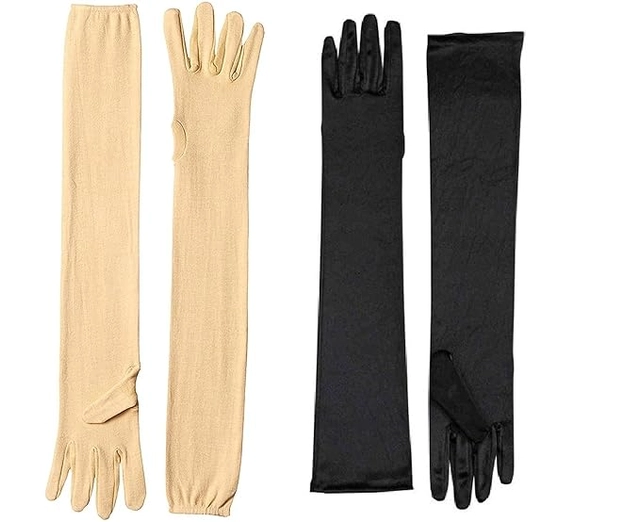 Cotton Solid Full Hand Gloves for Men & Women (Black & Beige, Set of 2)