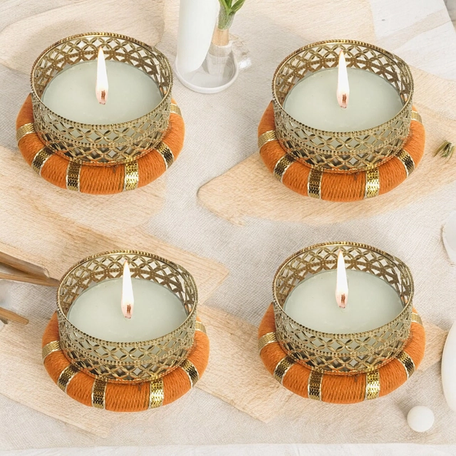 Metal Designer Tealight Candle Holder (Orange, 5x5x2 cm) (Pack of 4)