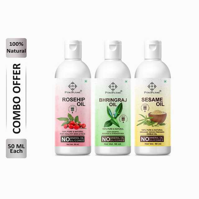 Puriflame Pure Rosehip Oil (50 ml), Bhringraj Oil (50 ml) & Sesame Oil (50 ml) Combo for Rapid Hair Growth (Pack of 3) (B-13250)
