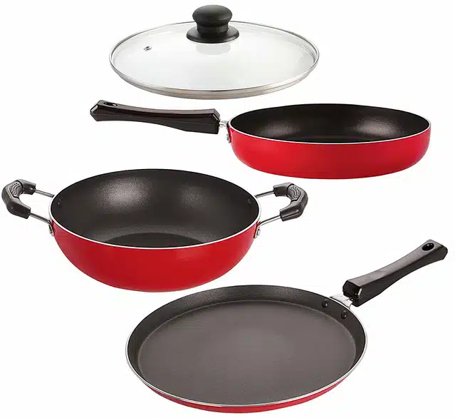 Aluminium Nonstick Cookwear Set with Glass Lid (Red, Set of 4)