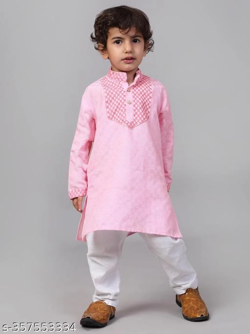 Cotton Blend Kurta with Pyjama for Boys (Pink & White, 9-12 Months)