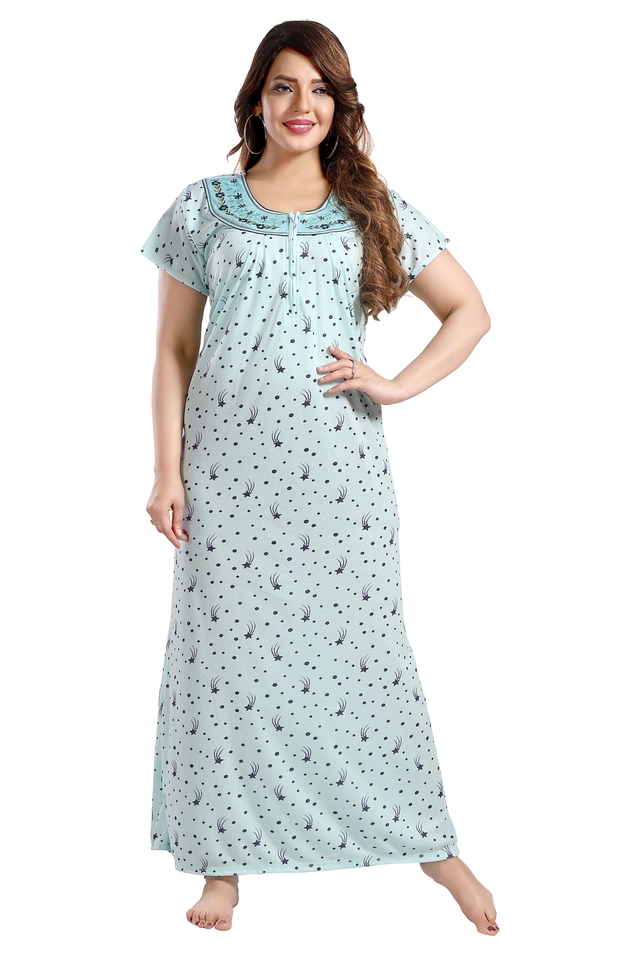 Hosiery Printed Nightdress for Women (Sky Blue, M)